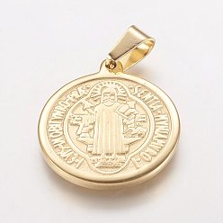 Golden Ion Plating(IP) 304 Stainless Steel Pendants, Flat Round with Saint Benedict Medal, Golden, 29x25x2.5mm, Hole: 4.5x7.5mm