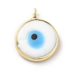 White Handmade Evil Eye Lampwork Pendants, with Rack Plating Brass Findings, Long-Lasting Plated, Flat Round, White, 18~19x15~16x4mm, Hole: 2mm