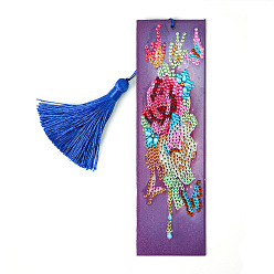 Flower DIY Diamond Painting Kits For Bookmark Making, including Tassel, Resin Rhinestones, Diamond Sticky Pen, Tray Plate and Glue Clay, Rectangle, Flower Pattern, 210x60mm
