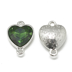 Green Alloy Glass Links connectors, Faceted, Heart, Platinum, Green, 19.5x14x6.5mm, Hole: 1.5mm