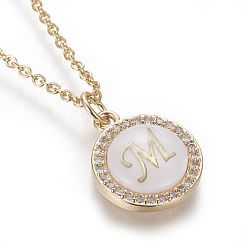 Letter M Brass Initial Pendant Necklaces, with Shell, Cubic Zirconia and 304 Stainless Steel Cable Chains, Flat Round with Letter, Letter.M, 17.5 inch(44.5cm), 1.5mm