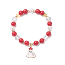 Brique Rouge Bracelet extensible à perles rondes en jade mashan et cristal de quartz teint naturel avec breloques d'arbre de Noël en alliage d'émail, firebrick, diamètre intérieur: 2-1/8 pouce (5.5 cm)