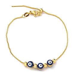 Midnight Blue Evil Eye Enamel Link Slider Bracelet with Box Chains, Rack Plating Brass Bracelet, Midnight Blue, 7-1/8~8-1/8 inch(18.1~20.6cm)