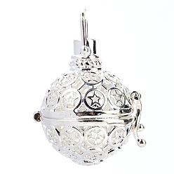 Silver Rack Plating Brass Cage Pendants, For Chime Ball Pendant Necklaces Making, Hollow Round with Star, Silver Color Plated, 29x25x21mm, Hole: 5x6mm, inner measure: 18mm