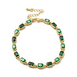 Vert Bracelet chaîne à maillons rectangulaires en émail mauvais œil et zircone cubique, bijoux en laiton doré pour femme, verte, 7-1/4 pouce (18.5 cm)
