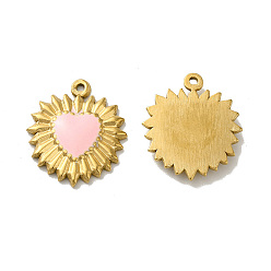 Pink Ion Plating(IP) 304 Stainless Steel Charms, with Enamel, Real 18K Gold Plated, Sun with Heart, Pink, 23x20x3mm, Hole: 1.4mm