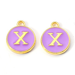 Letter X Golden Plated Alloy Enamel Charms, Enamelled Sequins, Flat Round with Letter, Medium Purple, Letter.X, 14x12x2mm, Hole: 1.5mm