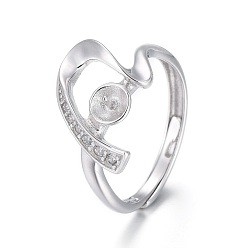 Platinum Adjustable Rhodium Plated 925 Sterling Silver Finger Ring Components, For Half Drilled Beads, with Micro Pave Cubic Zirconia, Heart, Platinum, Size 6, 16.5mm, Tray: 3.5mm, Pin: 0.8mm