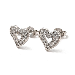 Platinum Clear Cubic Zirconia Hollow Out Heart Stud Earrings, Rack Plating Brass Jewelry for Women, Cadmium Free & Lead Free, Platinum, 9x10mm, Pin: 0.7mm