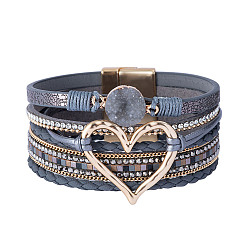 Gris Ardoise Bracelets multi-étoiles en simili cuir, strass style bohème et cristal druzy, bracelet à maillons pour femme, gris ardoise, 7-5/8 pouce (19.5 cm), 30mm