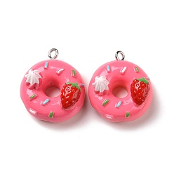Cerise Opaque Resin Pendants, with Platinum Tone Iron Loops, Donut, Cerise, 25x22x13.5mm, Hole: 2mm