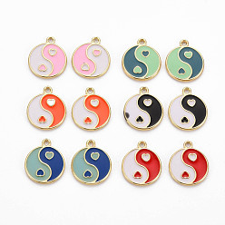 Mixed Color Rack Plating Alloy Enamel Charms, Cadmium Free & Lead Free, Light Gold, Flat Round with Yin Yang, Mixed Color, 13.5x11.5x1mm, Hole: 1.2mm