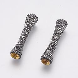 Jet Argile polymère strass perles tubulaires, avec les accessoires en laiton, or, jet, 41x9mm, Trou: 2~6mm