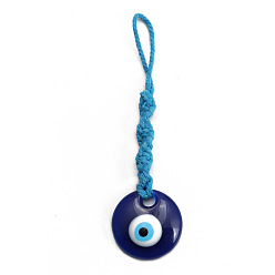 Prussian Blue Flat Round with Evil Eye Resin Pendant Decorations, Cotton Cord Braided Hanging Ornament, Prussian Blue, 137mm