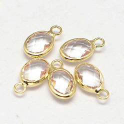 Clear Oval Faceted Golden Tone Brass Glass Charms, Clear, 12x7x3.5mm, Hole: 1mm
