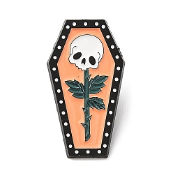 Skull Pin de esmalte con tema de halloween, Broche de aleación de zinc negro de electroforesis para ropa de mochila, cráneo y ataúd, 30x17x1.5 mm