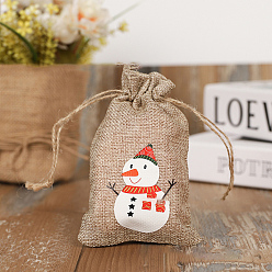 Snowman Christmas Theme Linenette Drawstring Bags, Rectangle with Snowman Pattern, Peru, Snowman Pattern, 14x10cm