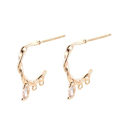 Real 18K Gold Plated Horse Eye Brass with Clear Cubic Zirconia Stud Earrings Findings, with Horizontal Loops, Nickel Free, Real 18K Gold Plated, 16x2mm, Hole: 0.9mm, Pin: 0.7mm
