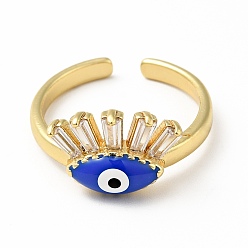 Blue Enamel Horse Eye Open Cuff Ring with Clear Cubic Zirconia, Gold Plated Brass Jewelry for Wome, Lead Free & Cadmium Free, Blue, US Size 6 1/2(16.9mm)