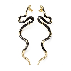 Black Real 18K Gold Plated Vivid Snake Enamel Stud Earrings, Brass Cubic Zirconia Long Earrings for Girl Women, Black, 78~79x22mm, Pin: 0.8mm