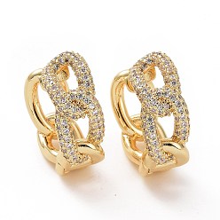 Golden Clear Cubic Zirconia Curb Chains Shape Hoop Earrings, Brass Jewelry for Woman, Golden, 25x21.5x9.5mm, Pin: 0.7mm