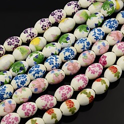 Mixed Color Handmade Flower Printed Porcelain Oval Beads Strands, Mixed Color, 16x11mm, Hole: 3mm, about 23pcs/strand, 14 inch