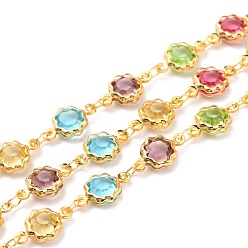 Colorful Handmade Acrylic Beaded Chains, with Rack Plating Golden Brass Findings and Spool, Long-Lasting Plated, Soldered, Flowers, Colorful, 11.5x7x3mm, about 32.8 Feet(10m)/roll