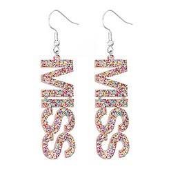 Coloré Boucles d'oreilles pendantes miss mot acrylique bling, bijoux de féminisme en fer plaqué platine pour femmes, colorées, 70mm
