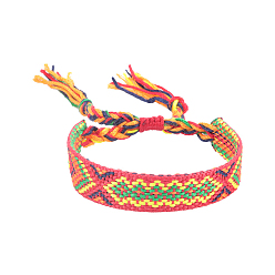 Cerise Polyester-cotton Braided Rhombus Pattern Cord Bracelet, Ethnic Tribal Adjustable Brazilian Bracelet for Women, Cerise, 5-7/8~11 inch(15~28cm)