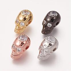 Mixed Color Brass Micro Pave Cubic Zirconia Beads, Skull, Mixed Color, 14x8x9.5mm, Hole: 2mm