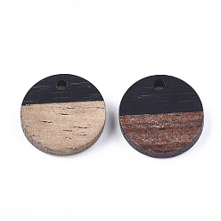 Black Resin & Walnut Wood Pendants, Flat Round, Black, 14~15x3~4mm, Hole: 1.8mm