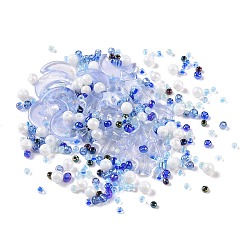 Bleu Kit de recherche de fabrication de bijoux de bricolage, verre et perles de rocaille, rond & étoile & lune, bleu, 2~16x2~12x3~7mm, Trou: 0.8~1.2mm