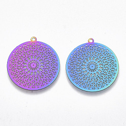 Rainbow Color Ion Plating(IP) 201 Stainless Steel Filigree Pendants, Etched Metal Embellishments, Kaleidoscope, Rainbow Color, 28x26x0.3mm, Hole: 1.4mm