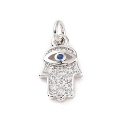 Platinum Brass Micro Pave Cubic Zirconia Charms, with Jump Ring, Hamsa Hand with Evil Eye Charm, Platinum, 12.5x7.5x2mm, Hole: 2.8mm