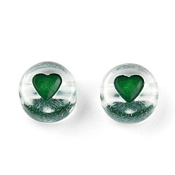 Green Transparent Acrylic Enamel Beads, Flat Round with Heart, Green, 7x4mm, Hole: 1.8mm, about 108000~111000pcs/15000g