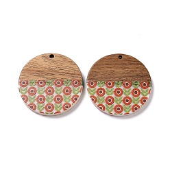 FireBrick Opaque Resin & Walnut Wood Pendants, Flat Round Charms with Flower Pattern, FireBrick, 35x4mm, Hole: 2mm