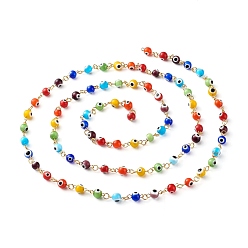 Colorful Handmade Evil Eye Lampwork Round Beads Link Chains, with Golden 304 Stainless Steel Eye Pins, for Bracelet Necklace Making, Colorful, 6mm