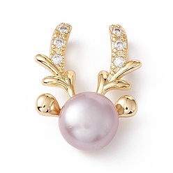 Lilac Natural Cultured Freshwater Pearl Pendants, with Brass Micro Pave Cubic Zirconia Findings, Golden, Deer, Lilac, 18.5x13x8mm, Hole: 4x2mm