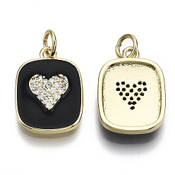 Black Brass Micro Pave Clear Cubic Zirconia Pendants, with Enamel and Jump Ring, Rectangle with Heart, Real 16K Gold Plated, Nickel Free, Black, 17.5x13x3mm, Jump Ring: 5x1mm, 3mm inner diameter