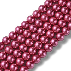 Cerise Eco-Friendly Dyed  Glass Pearl Round Beads Strands, Grade A, Cotton Cord Threaded, Cerise, 8mm, Hole: 0.7~1.1mm, about 52pcs/strand, 15 inch