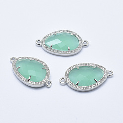 Pale Turquoise Brass Micro Pave Cubic Zirconia Links, with Glass, Faceted, Teardrop, Platinum, Pale Turquoise, 28x16x4.5mm, Hole: 1.6mm