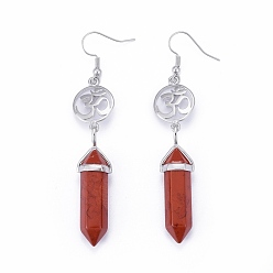 Red Jasper Pointed Bullet Natural Red Jasper Dangle Earrings, with Brass Earring Hooks and Flat Round with Aum/Om Symbol Links, Yoga Theme, Platinum, 78mm, Pin: 0.7mm