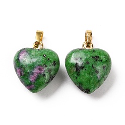 Ruby in Zoisite Natural Ruby in Zoisite Pendants, with Golden Tone Brass Findings, Heart Charm, 18x15~15.5x6~8mm, Hole: 6x3mm