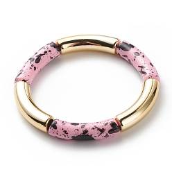 Pink Acrylic Curved Tube Beaded Stretch Bracelet, Chunky Bamboo Friendship Braceelet for Women, Pink, Inner Diameter: 2-1/8 inch(5.3cm)
