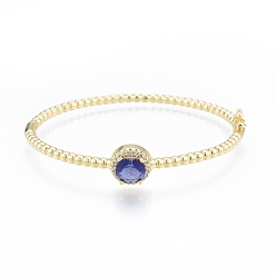 Морской Синий Кубический цирконий плоский круглый шарнирный браслет, настоящие позолоченные украшения из латуни для женщин, Marine Blue, внутренний диаметр: 18 дюйм (2x2-3/8 см)