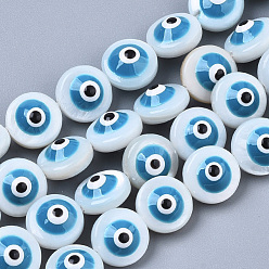 Aciano Azul Cuentas de concha naturales de agua dulce, lentejuelas esmaltadas, plano y redondo con mal de ojo, azul aciano, 8x6 mm, agujero: 0.8~1 mm