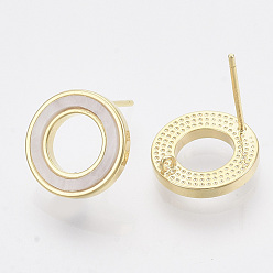 Real 18K Gold Plated Brass Stud Earring Findings, with Shell and Loop, Nickel Free, Ring, Creamy White, Real 18K Gold Plated, 12mm, Hole: 0.9mm, Pin: 0.7mm