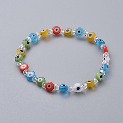 Colorful Handmade Evil Eye Lampwork Flat Round Beads Stretch Bracelets, with Faceted Rondelle Glass Beads, Colorful, 2 inch(5cm)