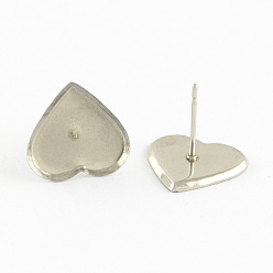 Stainless Steel Color Earring Cabochon Settings 304 Stainless Steel Ear Studs Blank Settings, Stainless Steel Color, Heart Tray: 8x9mm, 9x8x1.5mm, Pin: 0.8mm