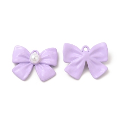 Lilac Rack Plating Alloy with ABS Plastic Imitation Pearl Pendants, Spray Painted Bowknot Charms, Cadmium Free & Nickel Free & Lead Free, Lilac, 17.5x22x6mm, Hole: 1.6mm